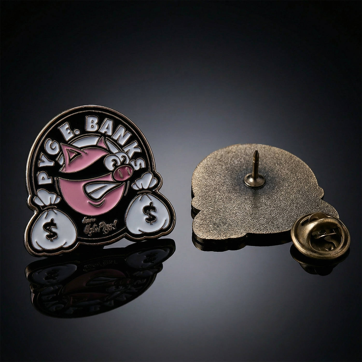 Enamel pin with a character design on a reflective black surface