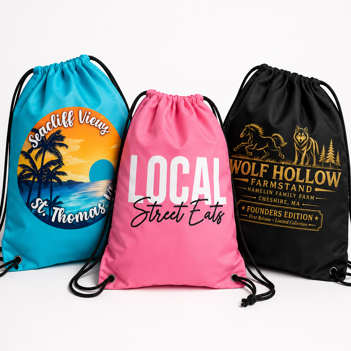 Three drawstring backpacks displayed side-by-side on a white background. The left backpack is turquoise blue with a tropical sunset graphic and 'Scenic View St.