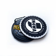 Custom PVC rubber patch featuring the Indiana 4 Wheel Adventures (IN4WA) logo in black and white, designed with a raised 3D effect, displayed on a white background.