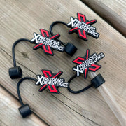 Custom rubber straw toppers featuring the Xpressions Creative Dance logo in red, black, and white, made from flexible 3D rubber PVC material, designed for branding and promotional use.