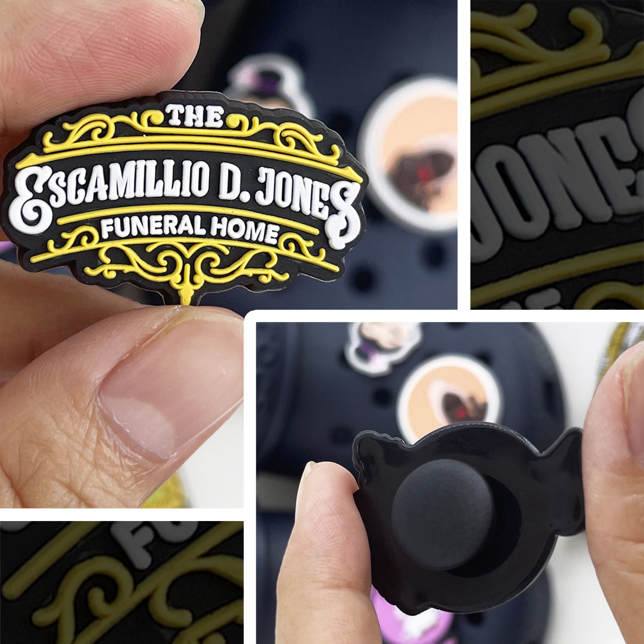 Collage of Front and back Of Custom Croc Charm in Hand