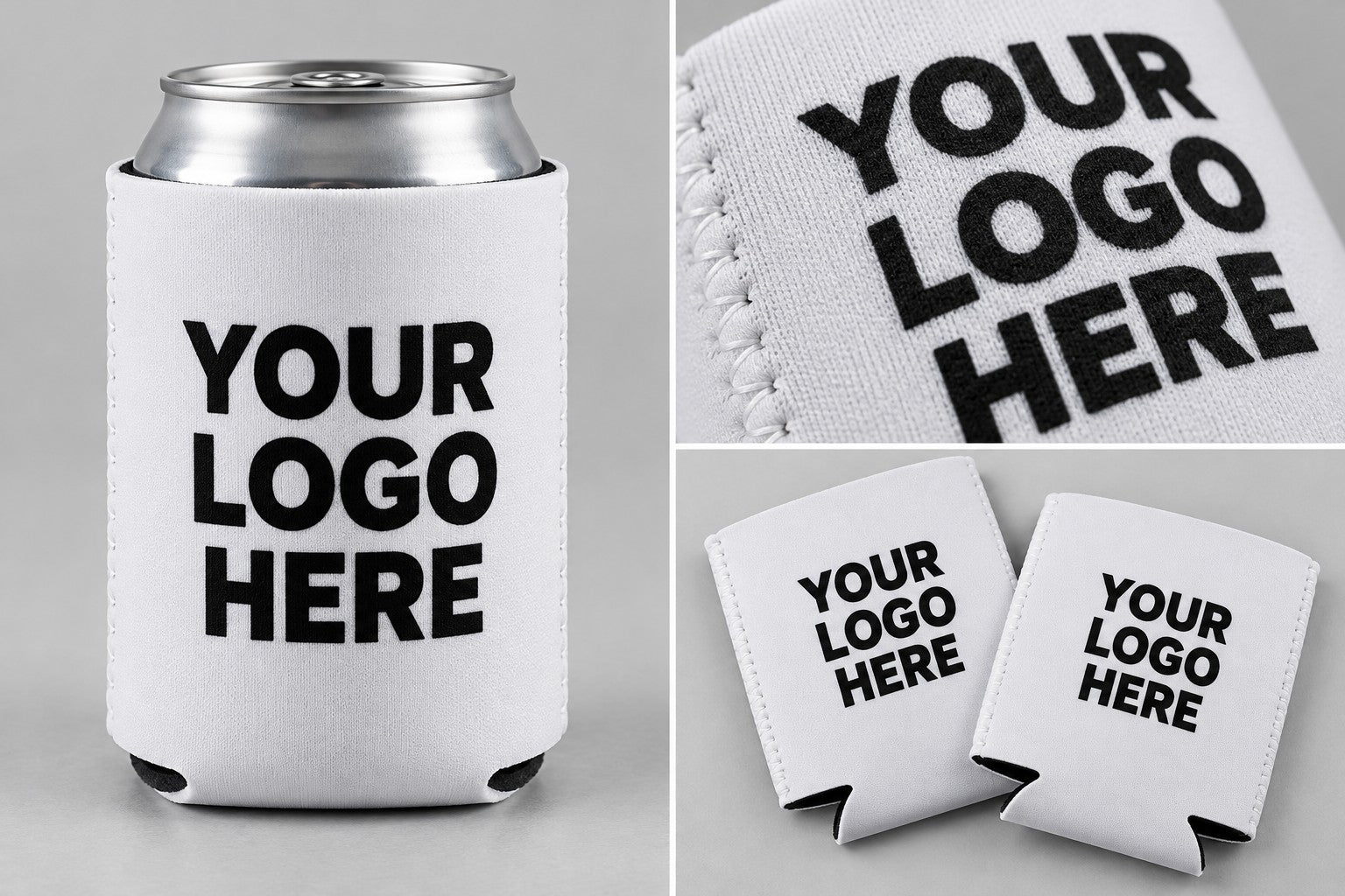 White coozie with YOUR LOGO HERE, shown on a can, close up and flat.